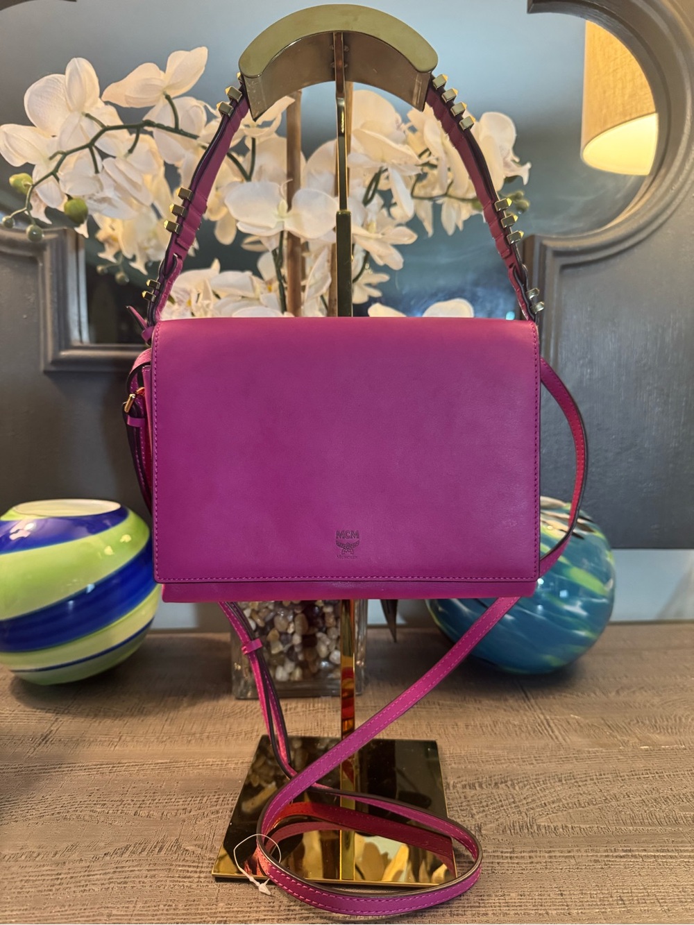 MCM Authentic Pink Leather Gold Tone Metal Accents Shoulder Strap & Crossbody